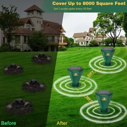 6 Pack Solar Powered Mole Repellent for Lawns, IP65 Waterproof Mole Trap Gopher Repellent, Noiseless Design Vibration Stakes, Repel Outdoor Groundhogs 7
