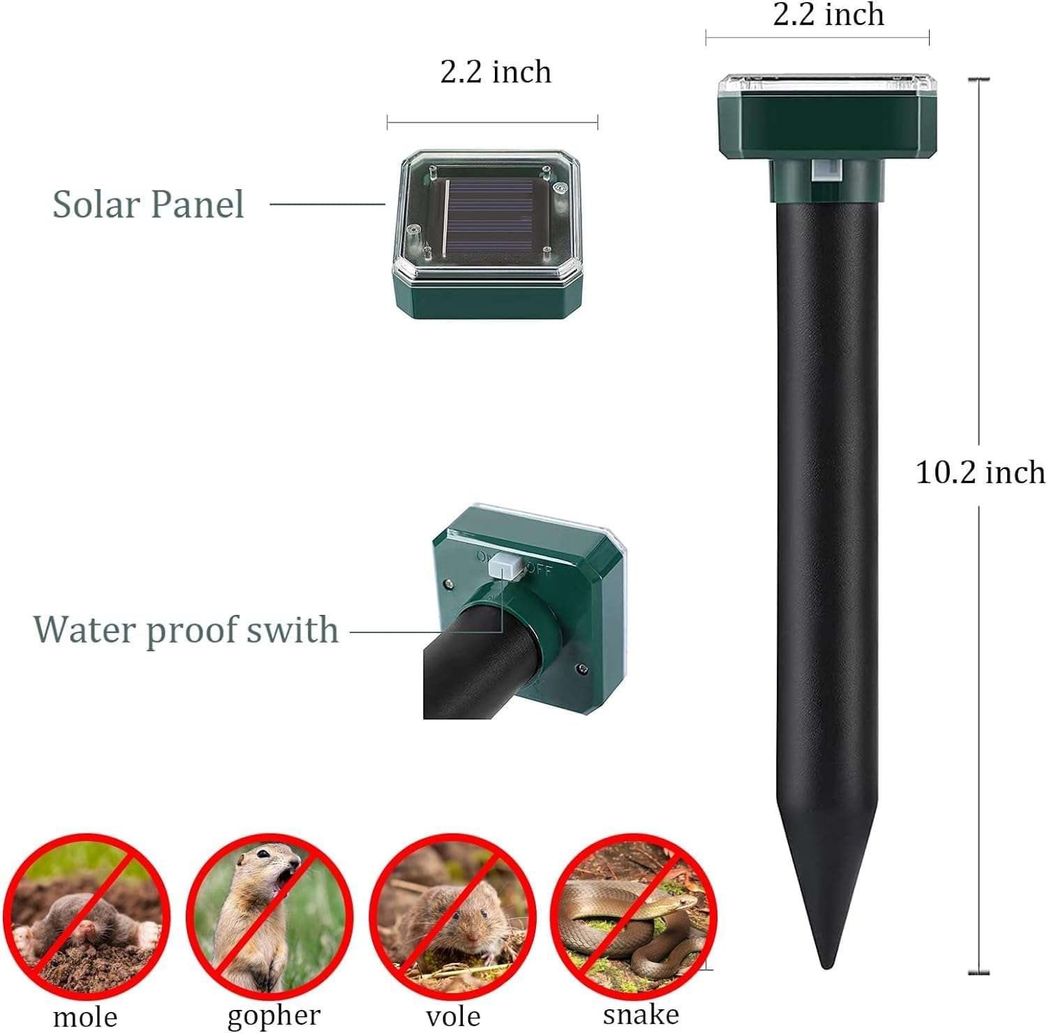 Mole Repellent Snake Repellent Solar Powered 10 Pack,Vole Chipmunk Groundhog Outdoor Repeller, Snake Gopher Vole Repellent for Garden and Yard, Waterproof Sonic Mole Deterrent Spikes - 2