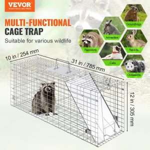 VEVOR Live Animal Cage Trap, 31 x 10 x 12 Humane Cat Trap Galvanized Iron, Folding Animal Trap with Handle for Rabbits, Stray Cats, Squirrels, Raccoons, Groundhogs and Opossums - 2