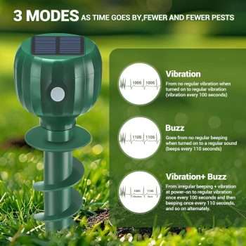 Solar Powered Mole Repellent - 3 Modes, IPX7 Waterproof, Ultrasonic Gopher Vole Repellent for Outdoor Use - Sonic Mole Spikes Deterrent for Moles, Groundhogs, Chipmunks in Lawns, 4 Pack - 2