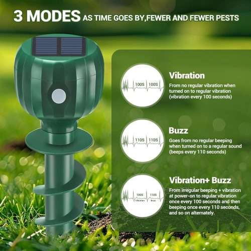 Solar Powered Mole Repellent - 3 Modes, IPX7 Waterproof, Ultrasonic Gopher Vole Repellent for Outdoor Use - Sonic Mole Spikes Deterrent for Moles, Groundhogs, Chipmunks in Lawns, 4 Pack - 2