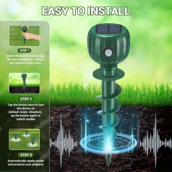 Solar Powered Mole Repellent - 3 Modes, IPX7 Waterproof, Ultrasonic Gopher Vole Repellent for Outdoor Use - Sonic Mole Spikes Deterrent for Moles, Groundhogs, Chipmunks in Lawns, 4 Pack - 3