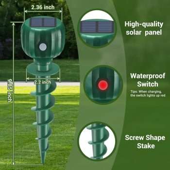 Solar Powered Mole Repellent - 3 Modes, IPX7 Waterproof, Ultrasonic Gopher Vole Repellent for Outdoor Use - Sonic Mole Spikes Deterrent for Moles, Groundhogs, Chipmunks in Lawns, 4 Pack - 6
