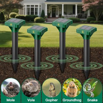4 Pack Mole Repellent Solar Powered, IP65 Waterproof Gopher Chipmunk Repeller Outdoor, Groundhog Snake Repellent for Yard, Sonic Mole and Vole Deterrent Spikes - 2