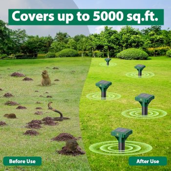 4 Pack Mole Repellent Solar Powered, IP65 Waterproof Gopher Chipmunk Repeller Outdoor, Groundhog Snake Repellent for Yard, Sonic Mole and Vole Deterrent Spikes - 3