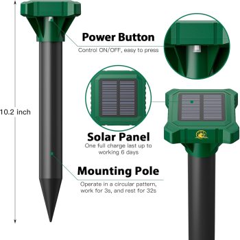 4 Pack Mole Repellent Solar Powered, IP65 Waterproof Gopher Chipmunk Repeller Outdoor, Groundhog Snake Repellent for Yard, Sonic Mole and Vole Deterrent Spikes - 7