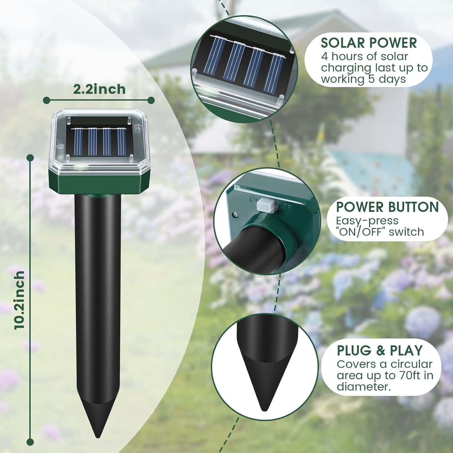 Mole Repellent Solar Powered, Ultrasonic Repeller 4-Pack, Waterproof Sonic Spikes Gopher Vole Groundhog Snake Chipmunk Mole Deterrent Get Rid of Moles in Your Yard - 7