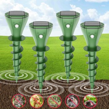 4 Pack Mole Repellent Solar Powered, Snake & Skunk & Vole & Gopher & Armadillo & Rabbit & Groundhog & Chipmunk Repellent for Yard, IP 65 Waterproof Outdoor Ultrasonic Deterrent for Lawns Garden - 1