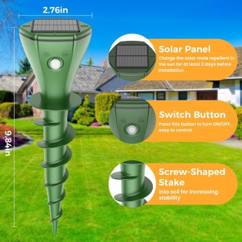 4 Pack Mole Repellent Solar Powered, Snake & Skunk & Vole & Gopher & Armadillo & Rabbit & Groundhog & Chipmunk Repellent for Yard, IP 65 Waterproof Outdoor Ultrasonic Deterrent for Lawns Garden - 4