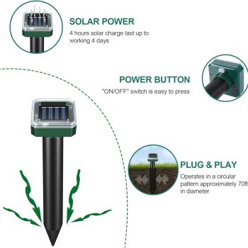 Mole Repellent for Lawns 8 Pack, Solar Powered Mole Repeller Ultrasonic Gopher Deterrent, Outdoor Waterproof Vole Vibration Stakes,Sonic Spike for Rodent Groundhog Snake Chipmunk - 4