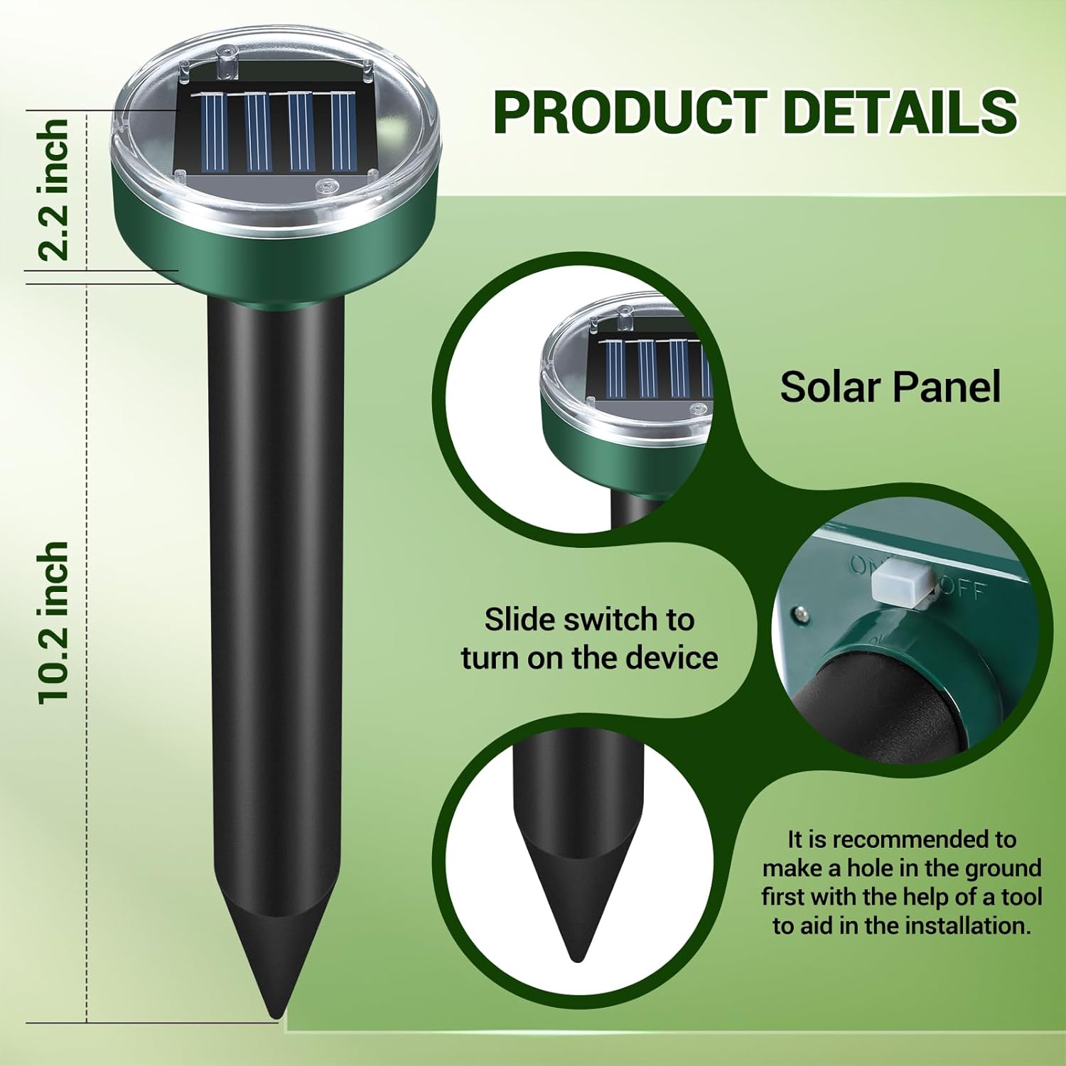 Mole Repellent for Lawns - Gopher Repeller Ultrasonic Solar Powered Vole Repellent Outdoor Waterproof Rat Deterrent Spikes Repellent Snake,Chipmunk,Groundhog,Sonic Mole Stakes for Garden,Yard - 4