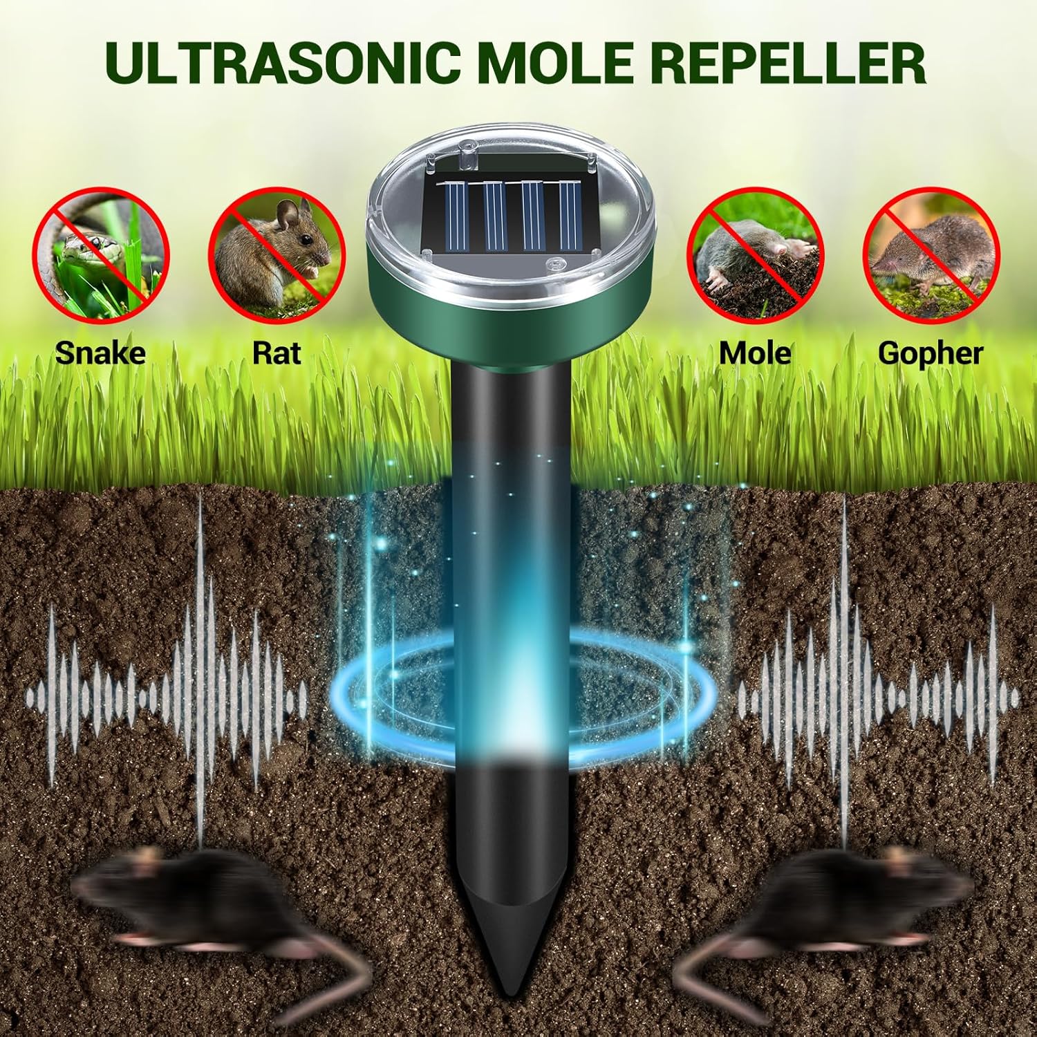 Mole Repellent for Lawns - Gopher Repeller Ultrasonic Solar Powered Vole Repellent Outdoor Waterproof Rat Deterrent Spikes Repellent Snake,Chipmunk,Groundhog,Sonic Mole Stakes for Garden,Yard - 6