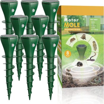 Pexpel Mole Repellent Solar Powered for Lawns, Waterproof Gopher & Groundhog Repellent with Variable Sonic Vibration, Easy Twist Stakes for Yard & Garden, Get Rid of Voles Snakes (8, Green) - 1