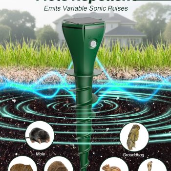 Pexpel Mole Repellent Solar Powered for Lawns, Waterproof Gopher & Groundhog Repellent with Variable Sonic Vibration, Easy Twist Stakes for Yard & Garden, Get Rid of Voles Snakes (8, Green) - 2