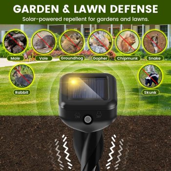 2026 Upgraded Mole & Snake & Skunk & Rabbit Repellent Solar Powered, Ultrasonic Deterrent, IP65 Waterproof, Effective Get Rid of Gopher Raccoon Vole Groundhog Chipmunk for Yard Lawn Garden - 2