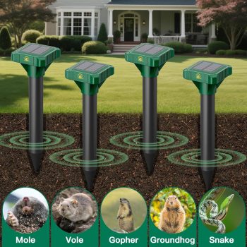 8 Pack Mole Repellent Solar Powered, IP65 Waterproof Gopher Chipmunk Repeller Outdoor, Groundhog Snake Repellent for Yard, Sonic Mole and Vole Deterrent Spikes, Effective Lawn - 2