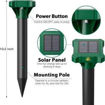 8 Pack Mole Repellent Solar Powered, IP65 Waterproof Gopher Chipmunk Repeller Outdoor, Groundhog Snake Repellent for Yard, Sonic Mole and Vole Deterrent Spikes, Effective Lawn - 6