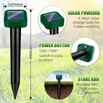 8 Packs Mole Repellent Solar Powered, Chipmunk Vole Deterrent Sonic Spikes, IP65 Waterproof, Ultrasonic Gopher Snake Deterrent Outdoor, Effective Keep Mole Out of Yard Lawn - 2