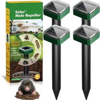 4 Packs Solar Mole Repellent, 2026 Upgraded Ultrasonic Gopher Deterrent Stakes, IP65 Waterproof Sonic Vole Groundhog Snake Control for Lawn Garden Yard Farm - 1